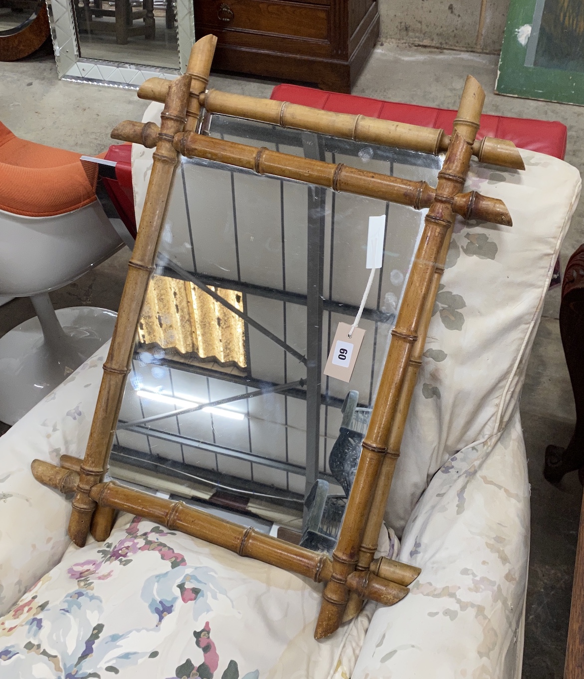 A near pair of late 19th century French faux bamboo rectangular wall mirrors, larger width 52cm, height 74cm